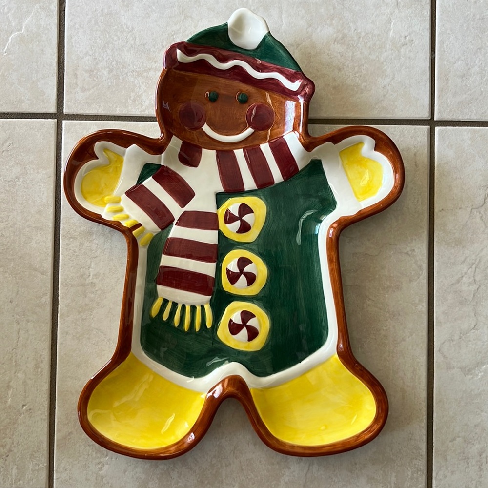 Gingerbread Man Ceramic Serving Platter with Scarf & Candy Buttons